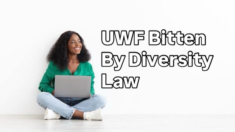 Smiling woman sitting cross-legged on the floor with a laptop; bold text to the right reads 'UWF Bitten By Diversity Law'.