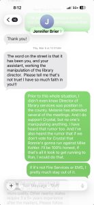 Mobile chat conversation about a library director, including rumors and defenses in gray and green message bubbles.