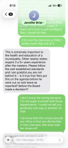 Mobile chat screen with green and gray message bubbles; avatar circle showing J, text discussing meetings and workplace rumors/standards.