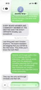 Mobile chat screen showing a message thread: a blue circular avatar with 'J' and a Jennifer Brier name badge over a green gradient message, followed by gray all-caps messages and a green reply bubble at the bottom, plus a timestamp area and input bar.