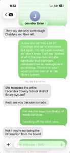 Screenshot of a mobile text-message conversation about a candidate, showing white/gray/green chat bubbles, a profile tile reading 'Jennifer Brier' with a blue circle avatar, and a text input area at the bottom.