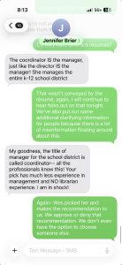Screenshot of a text-message chat discussing the title for a school-district coordinator; gray and green bubbles, avatar with 'J' visible.