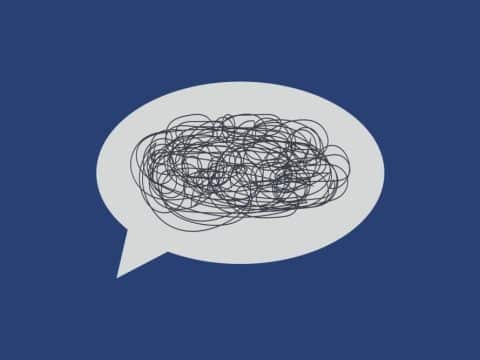 Speech bubble with a messy scribble, indicating confusion or noisy thoughts on a blue background.] ,