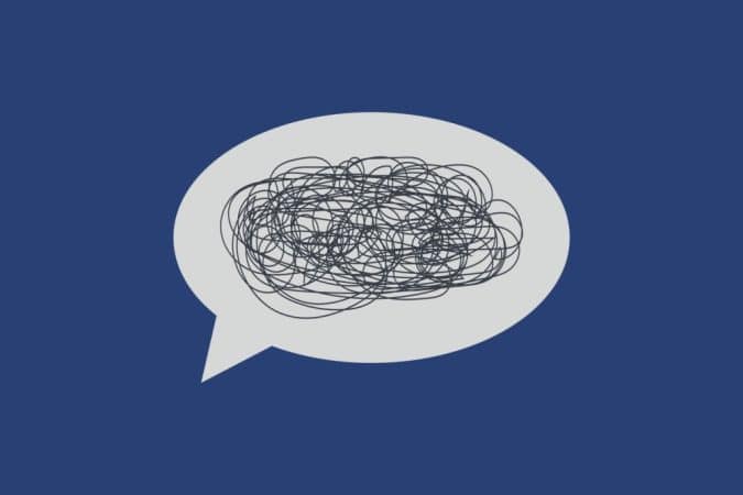 Speech bubble with a messy scribble, indicating confusion or noisy thoughts on a blue background.] ,