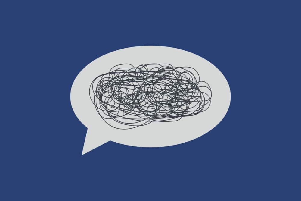 Speech bubble with a messy scribble, indicating confusion or noisy thoughts on a blue background.] ,