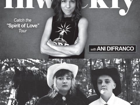 Black-and-white promotional poster for Inweekly featuring Ani Difranco with 'Catch the Spirit of Love Tour' and 'with Ani Difranco', plus another image of two women in western attire with a horse; Ani is top, smiling with arms crossed, bottom image shows them in a forest setting.