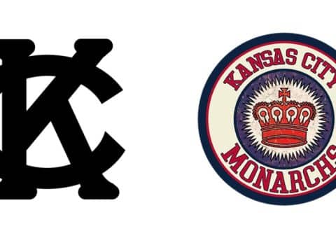 Left: black KC interlocked monogram, right: Kansas City Monarchs circular baseball logo with crown