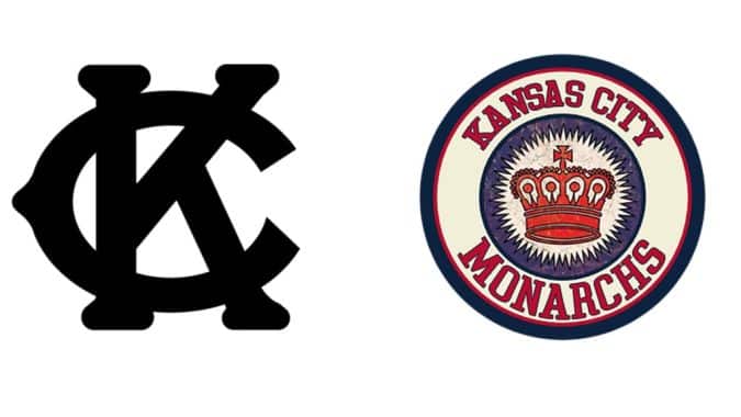 Left: black KC interlocked monogram, right: Kansas City Monarchs circular baseball logo with crown