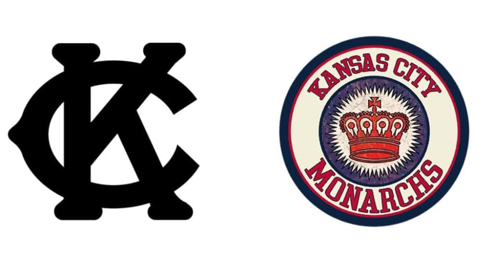 Left: black KC interlocked monogram, right: Kansas City Monarchs circular baseball logo with crown