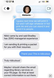 Chat screenshot about printing and sending resumes; Melanie's round avatar appears above a blue message bubble with text about printing and pink ink sign-offs.