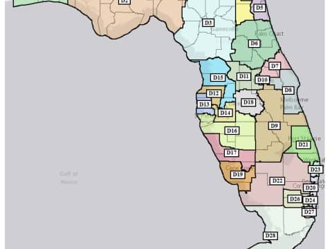 Map of Florida with color?coded proposed congressional districts labeled D1–D28.