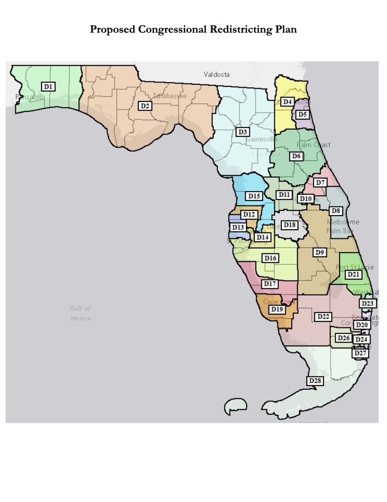 Map of Florida with color?coded proposed congressional districts labeled D1–D28.
