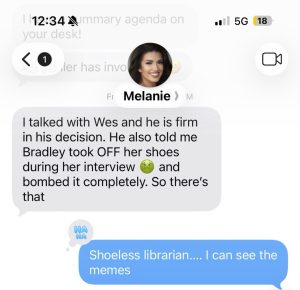 Chat screen snippet with a circular profile photo of a woman labeled Melanie; a long text message discusses Wes, Bradley, and an interview scenario.
