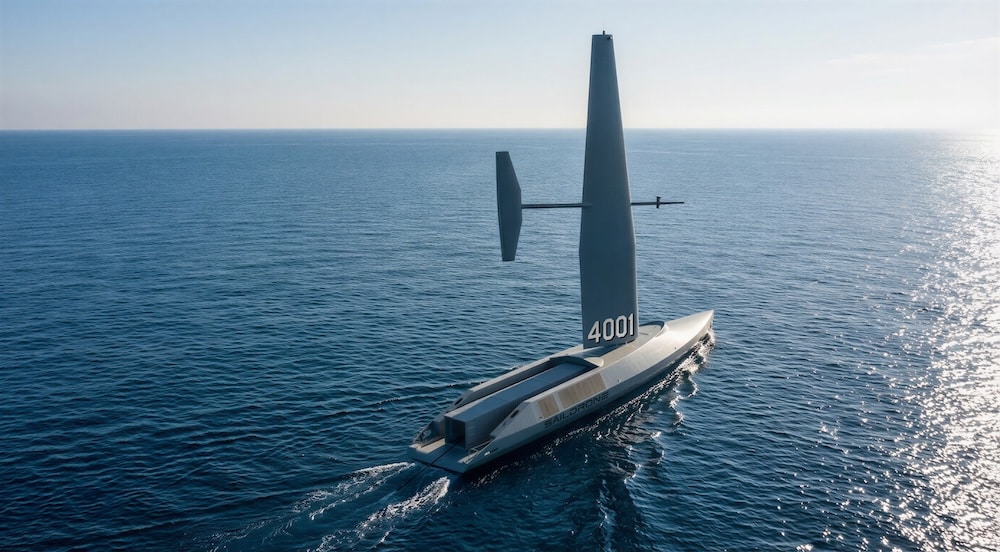 Autonomous hydrofoil sailboat with a tall vertical sail (number 4001) gliding across calm blue ocean.