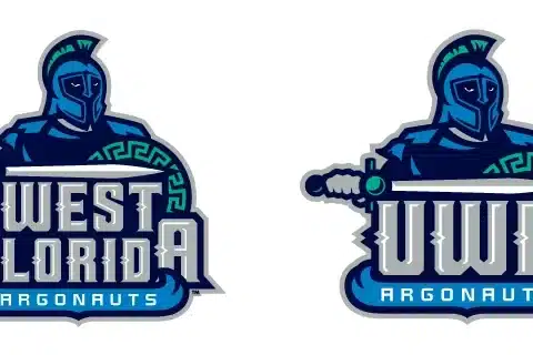 Pair of UWF Argonauts logos: left shows West Florida Argonauts emblem with blue armored warrior and sword; right shows UWF Argonauts emblem with same knight motif.