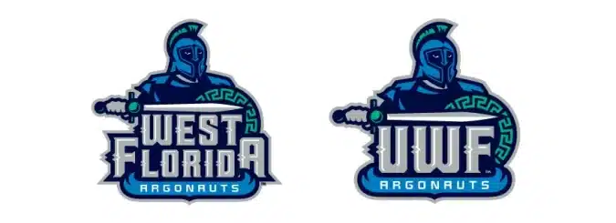 Pair of UWF Argonauts logos: left shows West Florida Argonauts emblem with blue armored warrior and sword; right shows UWF Argonauts emblem with same knight motif.