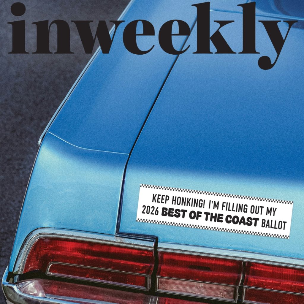 Magazine cover for inweekly featuring the rear of a blue vintage car with a bold black 'inweekly' masthead and a sticker that says 'KEEP HONKING! I’M FILLING OUT MY 2026 BEST OF THE COAST BALLOT'