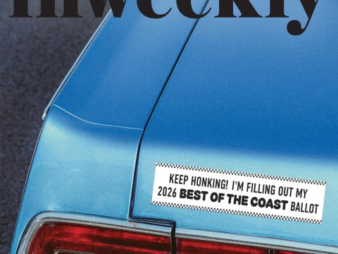 Magazine cover for inweekly featuring the rear of a blue vintage car with a bold black 'inweekly' masthead and a sticker that says 'KEEP HONKING! I’M FILLING OUT MY 2026 BEST OF THE COAST BALLOT'