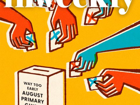 Illustration of multiple hands casting ballots into a ballot box labeled 'Way Too Early August Primary Guide' on a yellow background.