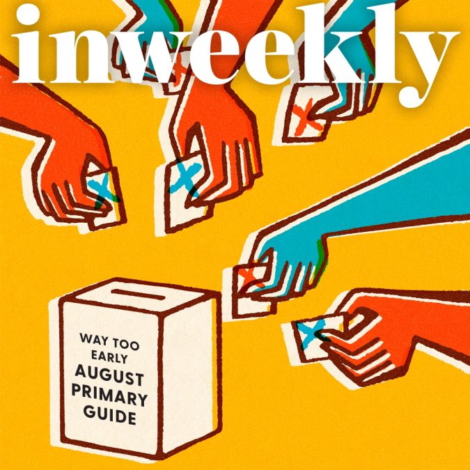 Illustration of multiple hands casting ballots into a ballot box labeled 'Way Too Early August Primary Guide' on a yellow background.