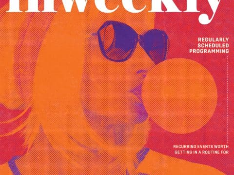 Cover of InWeekly magazine featuring a halftone orange/purple portrait of a person wearing sunglasses; bold 'inweekly' title with side taglines about regularly scheduled programming.
