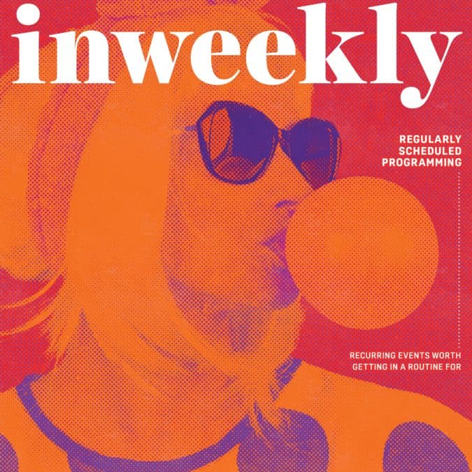 Cover of InWeekly magazine featuring a halftone orange/purple portrait of a person wearing sunglasses; bold 'inweekly' title with side taglines about regularly scheduled programming.