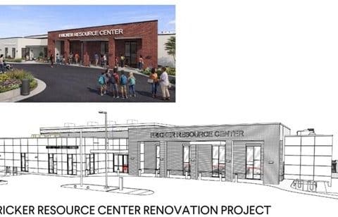 Color rendering of the Fricker Resource Center entrance with people gathered outside; below is a black-and-white architectural sketch labeled 'Fricker Resource Center Renovation Project'.