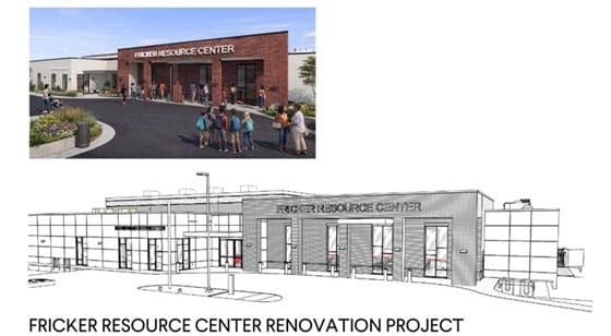 Color rendering of the Fricker Resource Center entrance with people gathered outside; below is a black-and-white architectural sketch labeled 'Fricker Resource Center Renovation Project'.