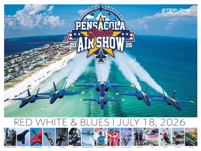 Pensacola Beach Air Show 2026: blue jets fly in formation over the ocean near a coastal town with the event logo above (July 18, 2026).