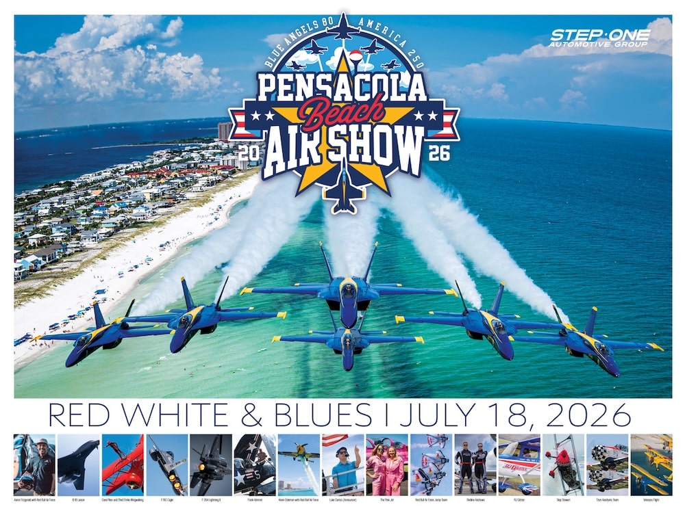 Pensacola Beach Air Show 2026: blue jets fly in formation over the ocean near a coastal town with the event logo above (July 18, 2026).