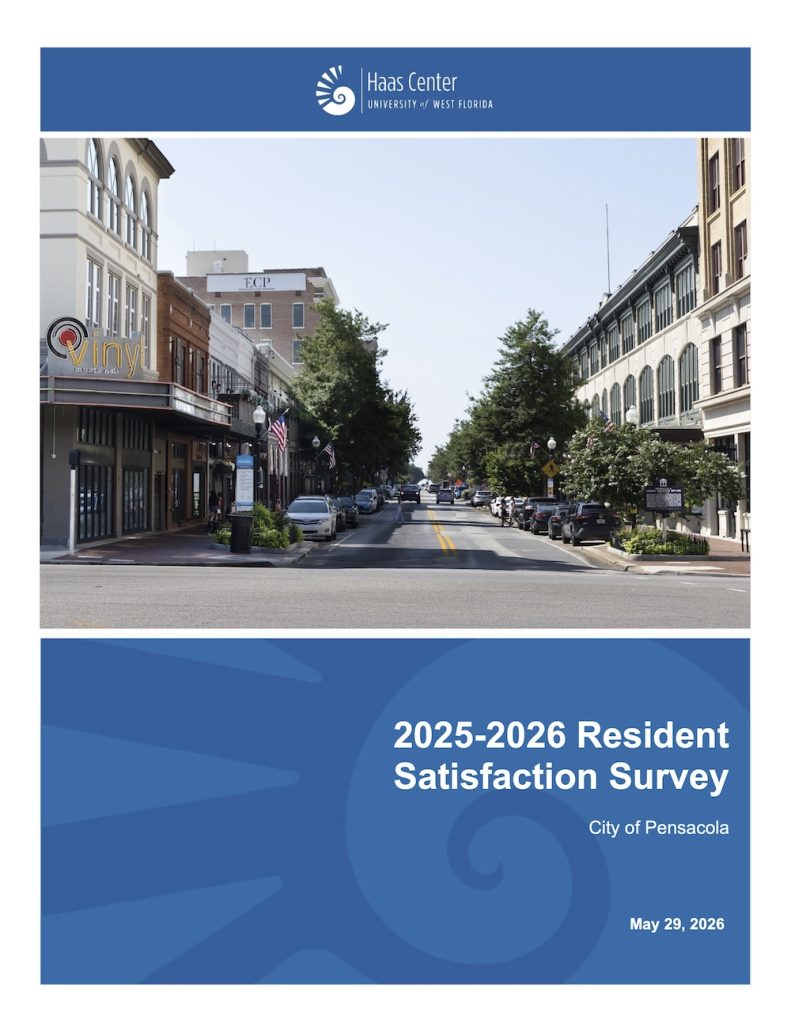 Cover page for Pensacola's 2025-2026 Resident Satisfaction Survey, featuring a downtown Pensacola street photo and a Haas Center banner.