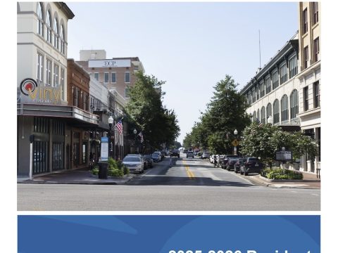 Cover page for Pensacola's 2025-2026 Resident Satisfaction Survey, featuring a downtown Pensacola street photo and a Haas Center banner.