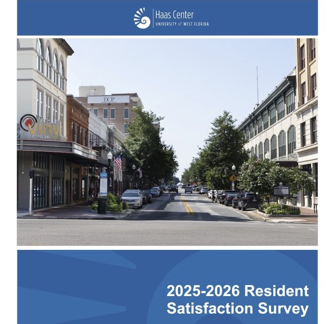 Cover page for Pensacola's 2025-2026 Resident Satisfaction Survey, featuring a downtown Pensacola street photo and a Haas Center banner.