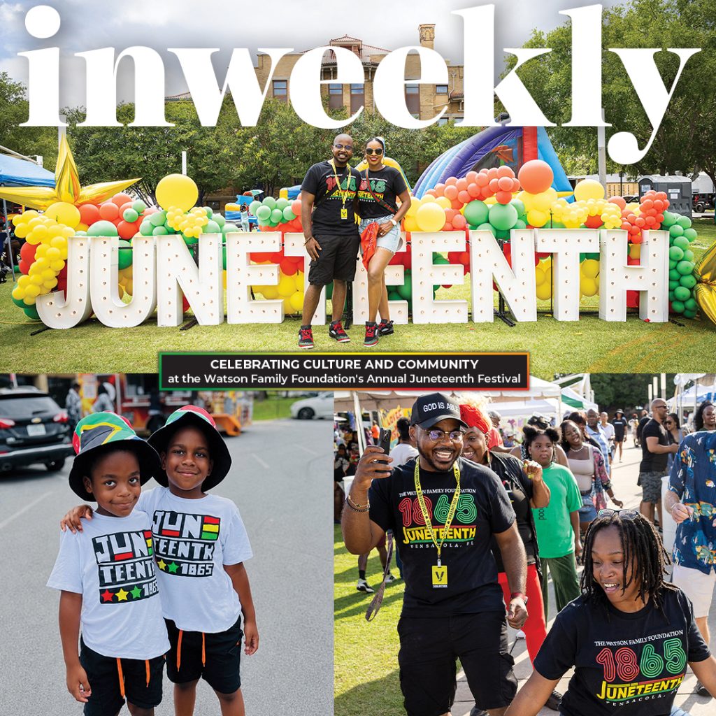 Collage from the Watson Family Foundation’s Juneteenth Festival: a couple posing in front of large balloon letters spelling JUNE… with a banner about celebrating culture; bottom left shows two kids in white Juneteenth shirts, bottom right shows festival attendees including a man taking a selfie and others wearing Juneteenth shirts.