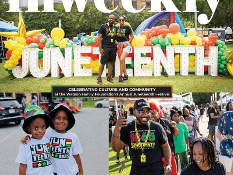 Collage from the Watson Family Foundation’s Juneteenth Festival: a couple posing in front of large balloon letters spelling JUNE… with a banner about celebrating culture; bottom left shows two kids in white Juneteenth shirts, bottom right shows festival attendees including a man taking a selfie and others wearing Juneteenth shirts.