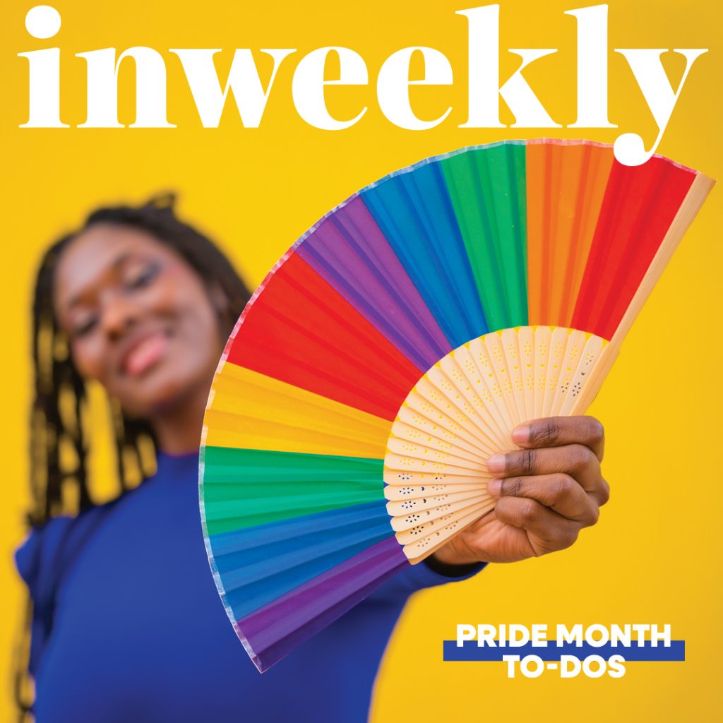 Inweekly magazine cover: smiling person in a blue shirt holds a rainbow fan against a bright yellow background; text reads 'PRIDE MONTH TO-DOS'.