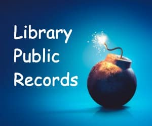 Banner text reads 'Library Public Records' beside a lit cartoon bomb on a blue background.