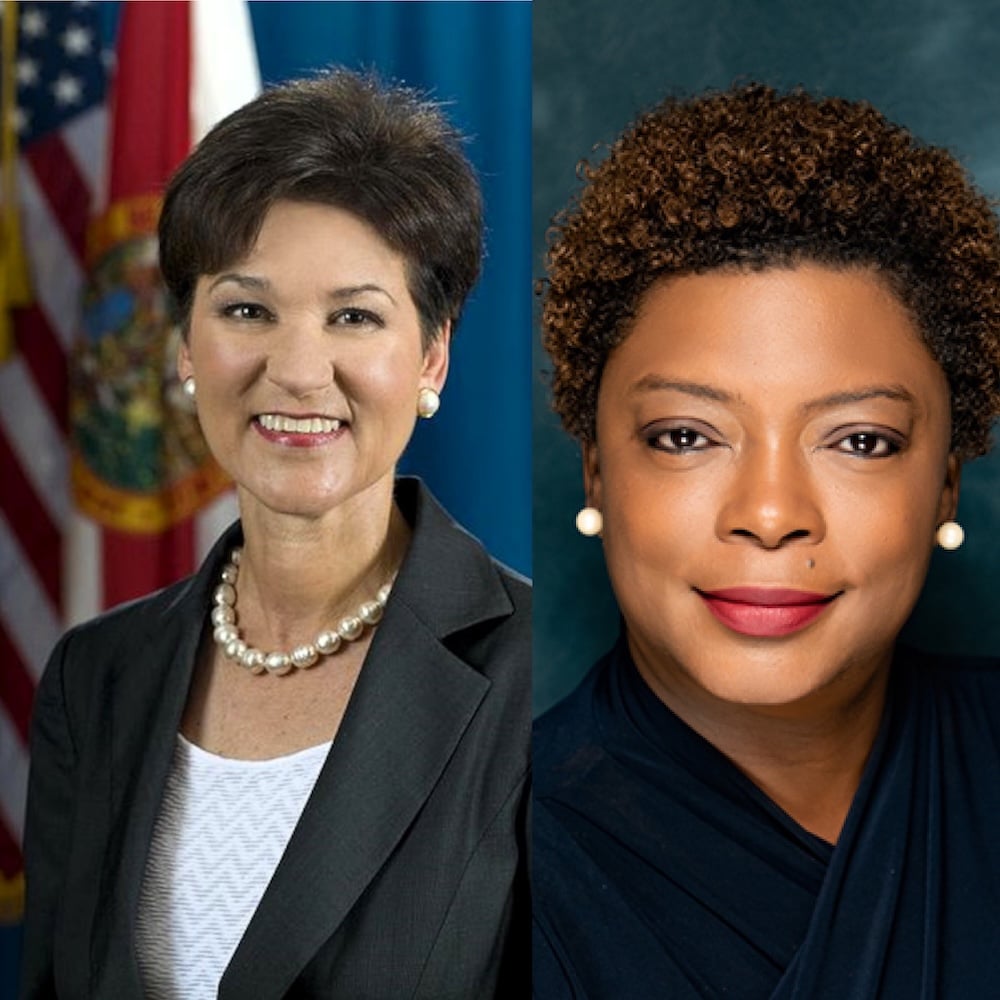 Two professional headshots side by side: left is a smiling white woman with short dark hair, pearl necklace, blazer; right is a smiling Black woman with short curly hair, pearl earrings, dark top.