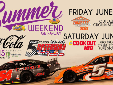 Promotional poster for a Summer Weekend Get-A-Way race weekend with two stock cars and sponsor logos, listing events Friday, June 12 and Saturday, June 13.