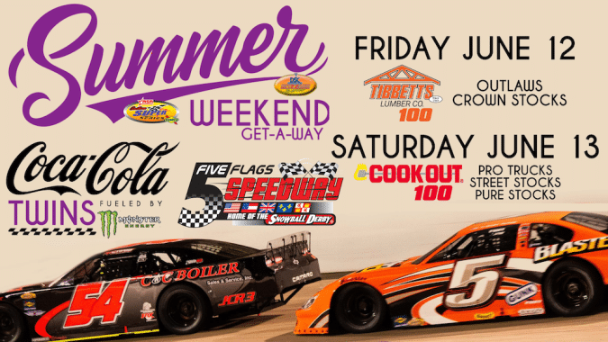 Promotional poster for a Summer Weekend Get-A-Way race weekend with two stock cars and sponsor logos, listing events Friday, June 12 and Saturday, June 13.