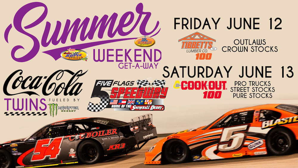 Promotional poster for a Summer Weekend Get-A-Way race weekend with two stock cars and sponsor logos, listing events Friday, June 12 and Saturday, June 13.