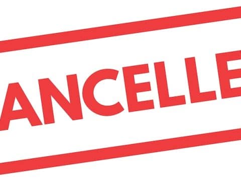 Cancelled stamp across a white background, indicating a canceled status for an event or booking.