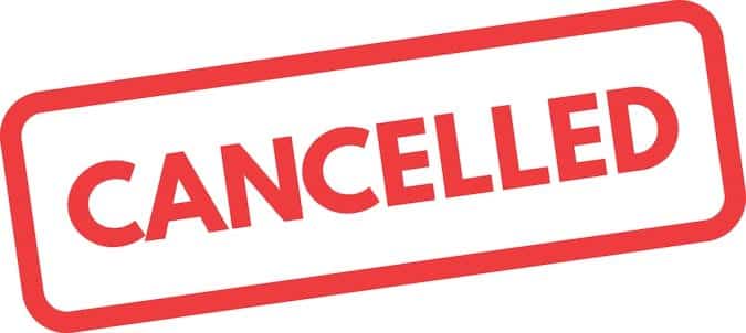 Cancelled stamp across a white background, indicating a canceled status for an event or booking.