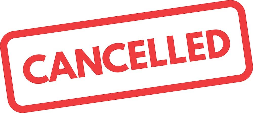 Cancelled stamp across a white background, indicating a canceled status for an event or booking.