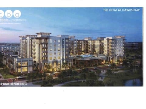 Conceptual rendering of a modern multi-wing residential complex with a central courtyard and pool amid landscaping.