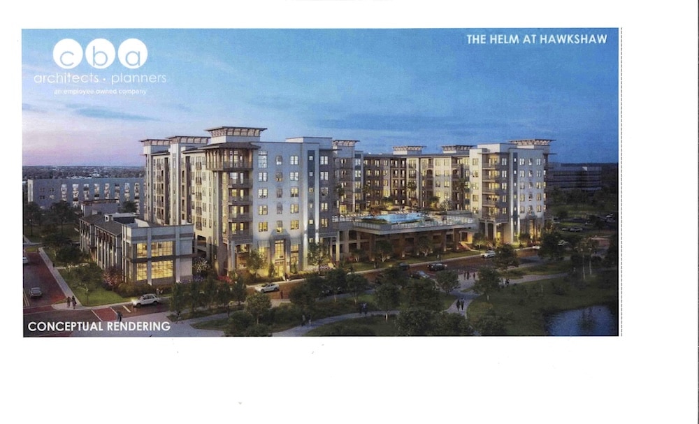 Conceptual rendering of a modern multi-wing residential complex with a central courtyard and pool amid landscaping.