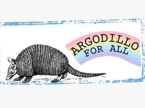 Hand-drawn armadillo walking left inside a light-blue bordered frame, with a pastel rainbow arc and the text 'Armadillo for All'.