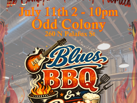 Event poster advertising Blues, BBQ & Beer at Odd Colony on July 11, 2–10pm at 260 N Palafox St; guitar, flames, and beer graphics