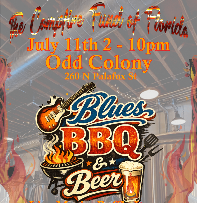 Event poster advertising Blues, BBQ & Beer at Odd Colony on July 11, 2–10pm at 260 N Palafox St; guitar, flames, and beer graphics