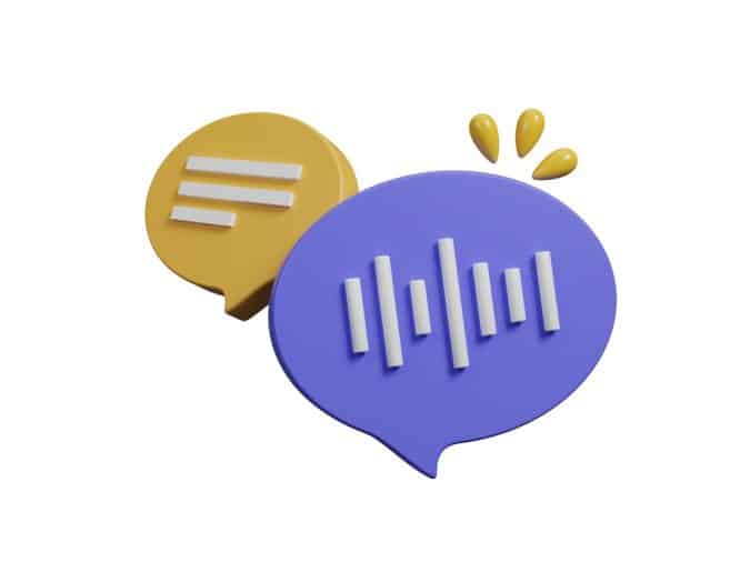 Two overlapping speech bubbles (purple large, yellow small) with white text lines, representing a conversation or chat.